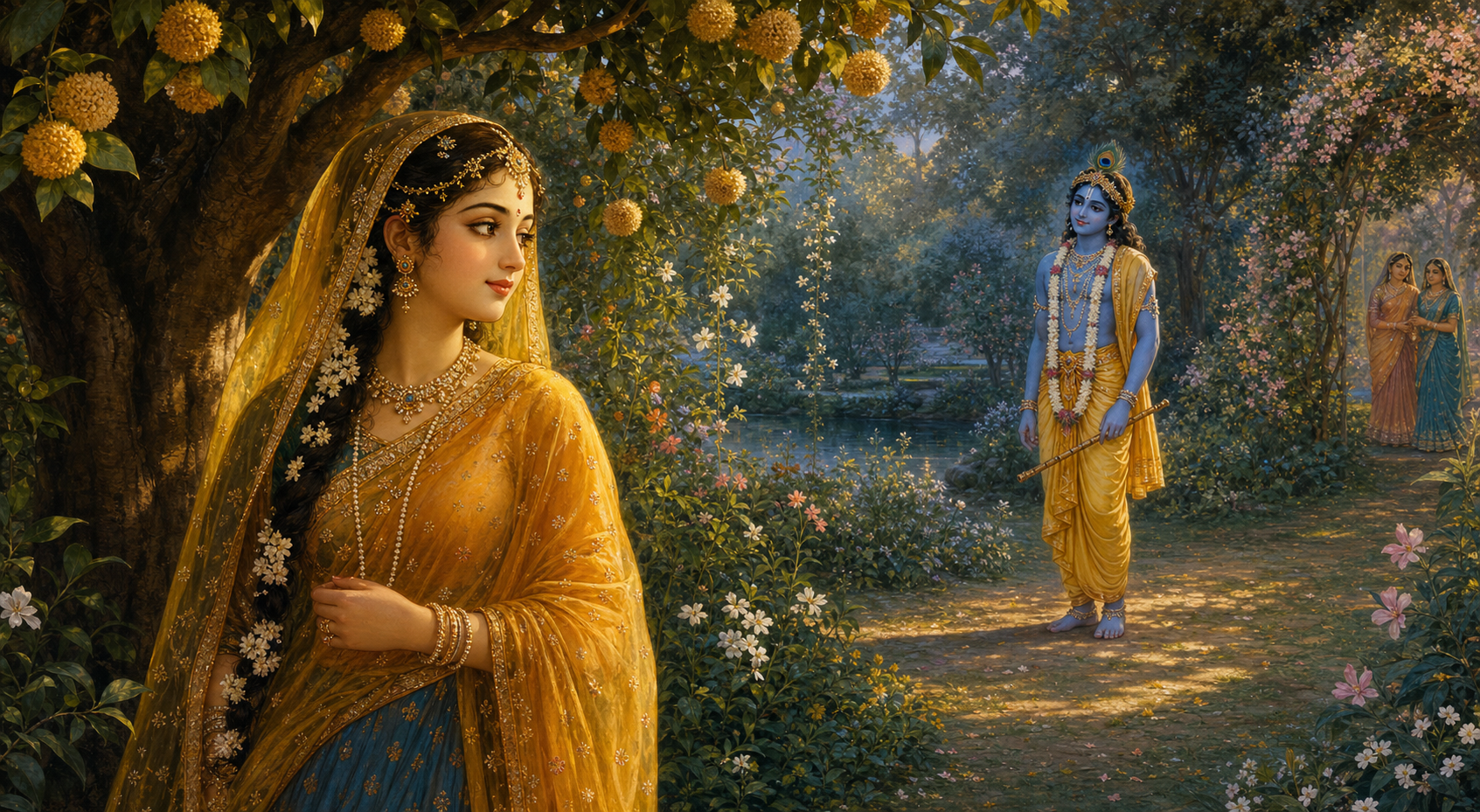 Sri Radha and blue-skinned Krishna exchange a quiet gaze beneath flowering trees while Krishna holds a lowered flute.