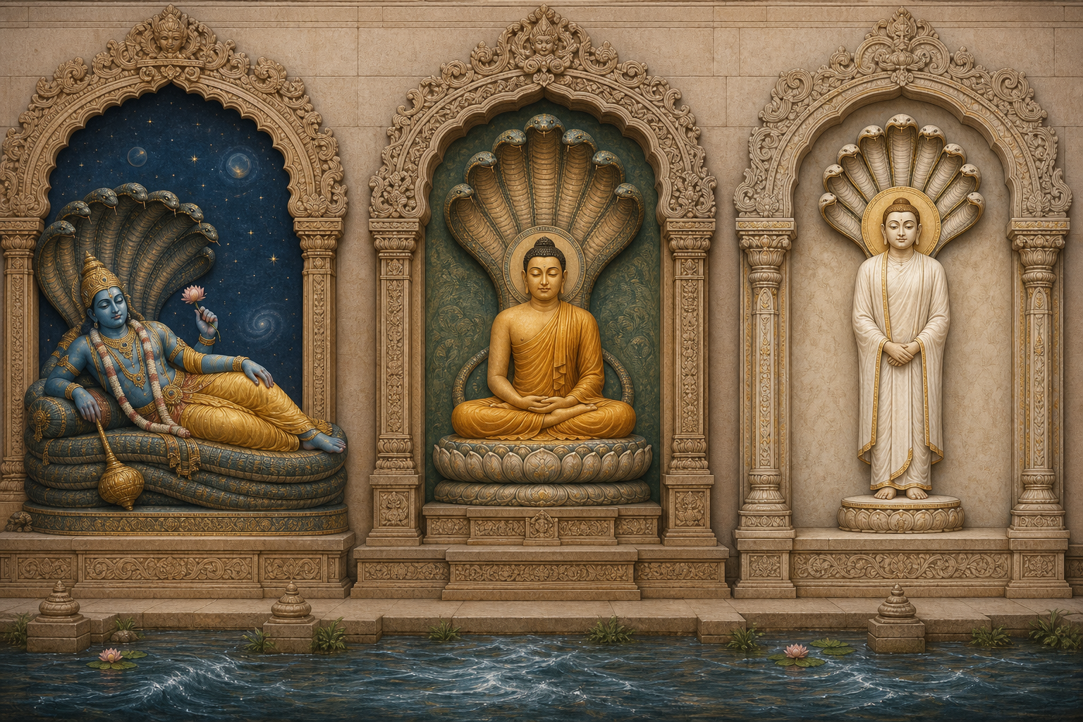 Three separate sacred alcoves show Vishnu reclining on Ananta, the Buddha sheltered by Mucalinda, and Parshvanatha beneath a seven-hooded serpent canopy.
