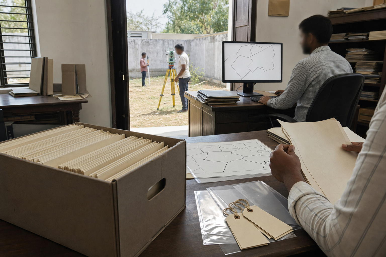 Archival files, unmarked deeds, a digital parcel outline and a field survey form a connected property-evidence workflow.