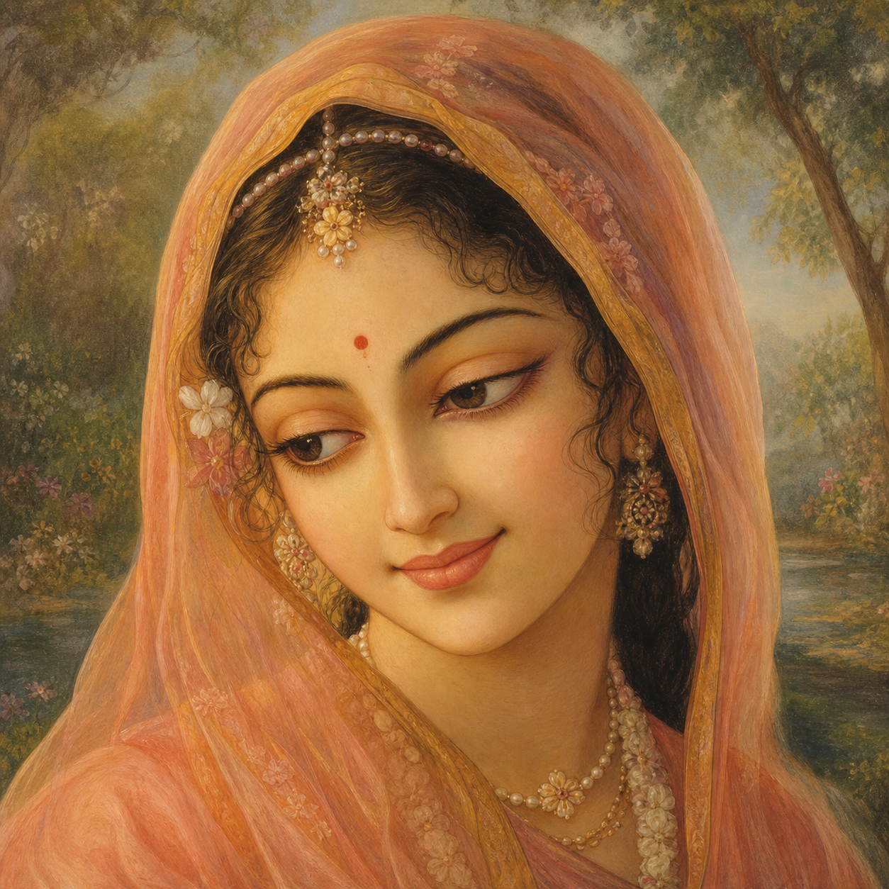 Close devotional portrait of Sri Radha with an inclined head, sidelong eyes, relaxed brows, and a faint smile framed by a translucent veil.
