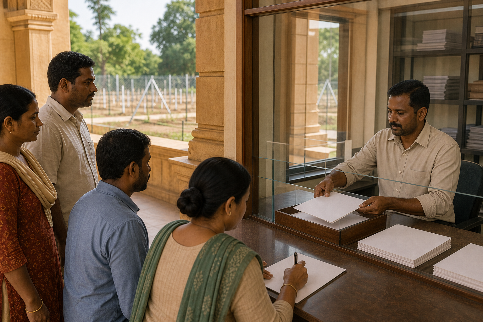 Citizens calmly observe document handling at a public records counter while a surveyed fenced plot is visible outside.