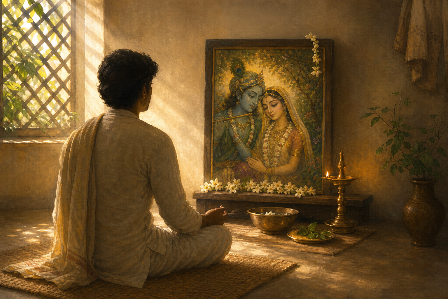 A seated devotee looks attentively toward a flower-adorned shrine image of Sri Radha and Krishna in a sunlit prayer room.