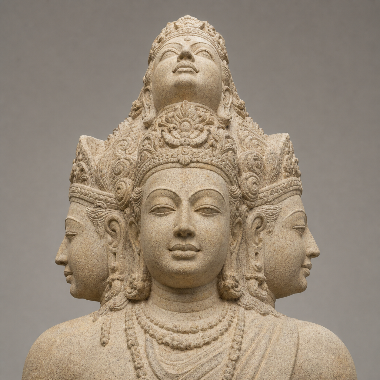 Elevated three-quarter view of a sandstone Sadashiva head with four outward-facing profiles and a fifth face directed upward.