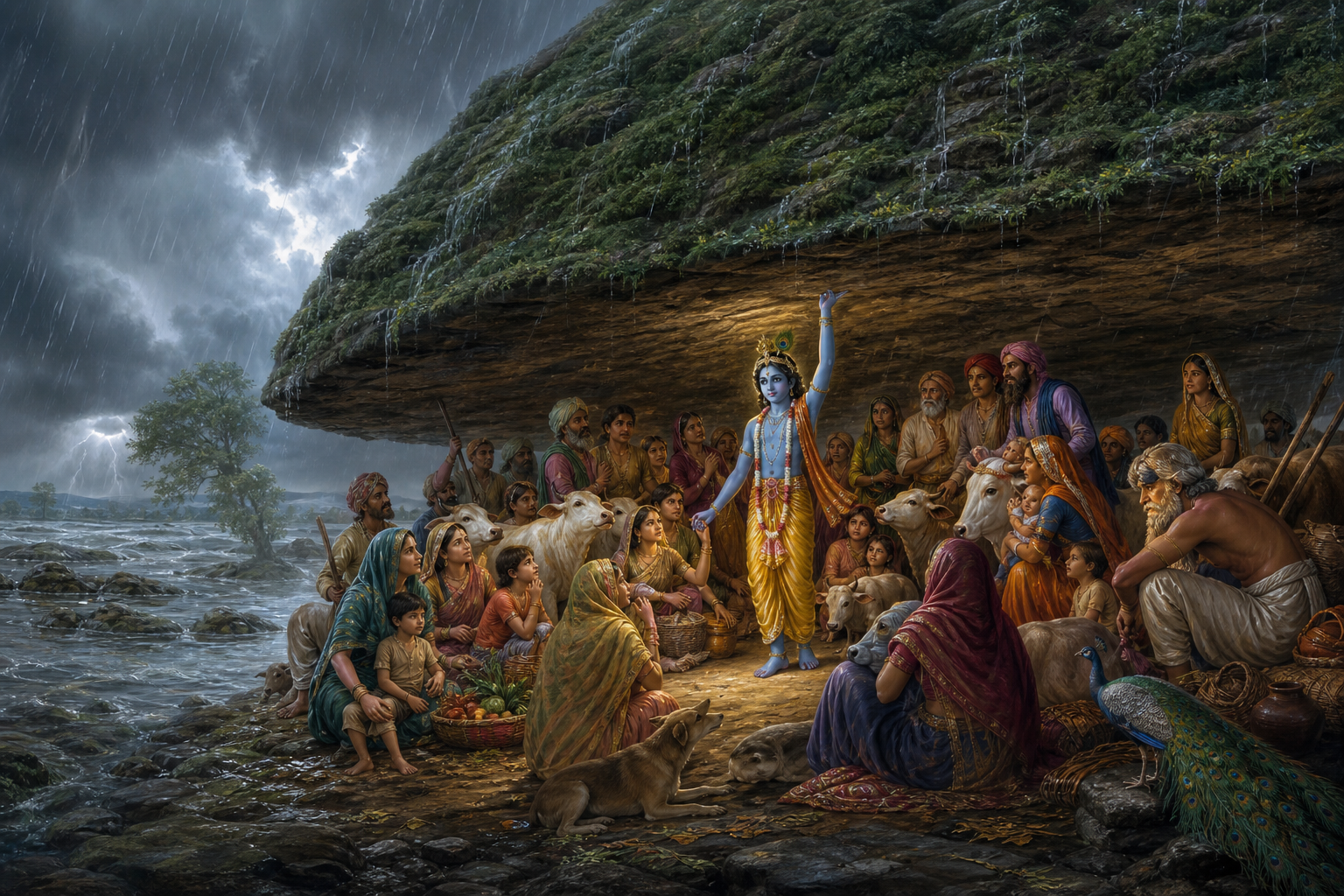 Sri Krishna holds Govardhan hill above villagers and cattle who shelter together and care for one another during a monsoon storm.