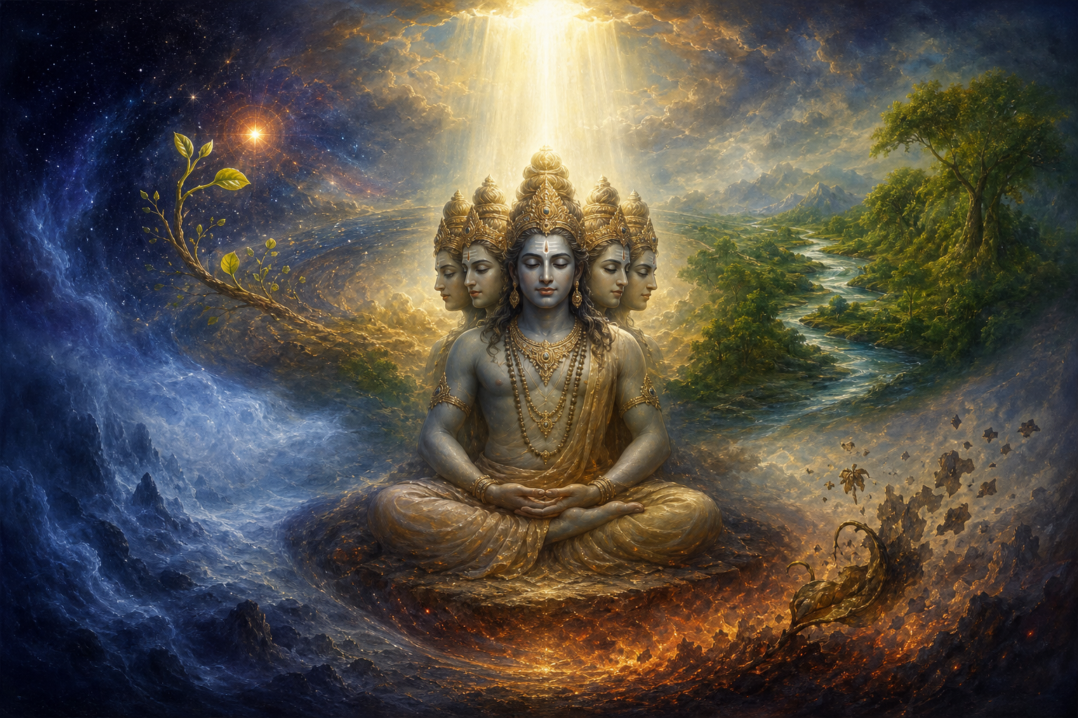 Five-faced Sadashiva stands at the center of a cosmic landscape containing motifs of emergence, preservation, dissolution, concealment, and illuminating grace.
