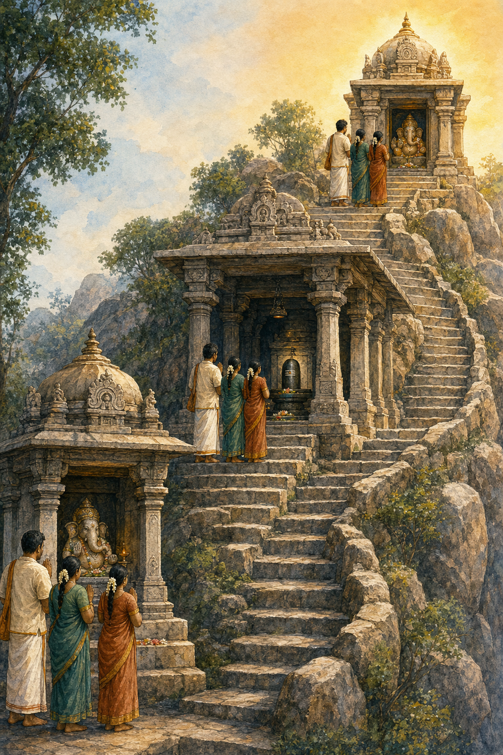 Illustrated pilgrimage sequence shows visitors worshipping at Manikka Vinayakar, Thayumanaswami, and Ucchi Pillayar while ascending the Rockfort hill.