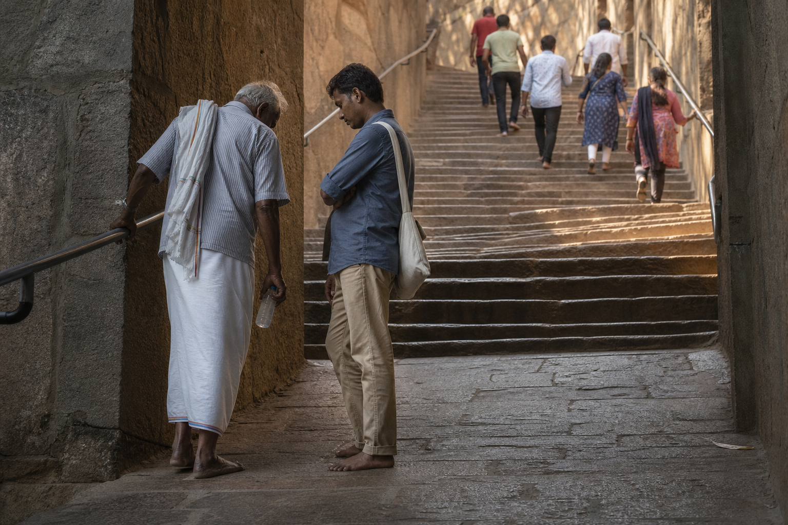 Pilgrims of different ages take an unhurried approach to the uneven stone steps, with one older visitor pausing on a shaded landing.