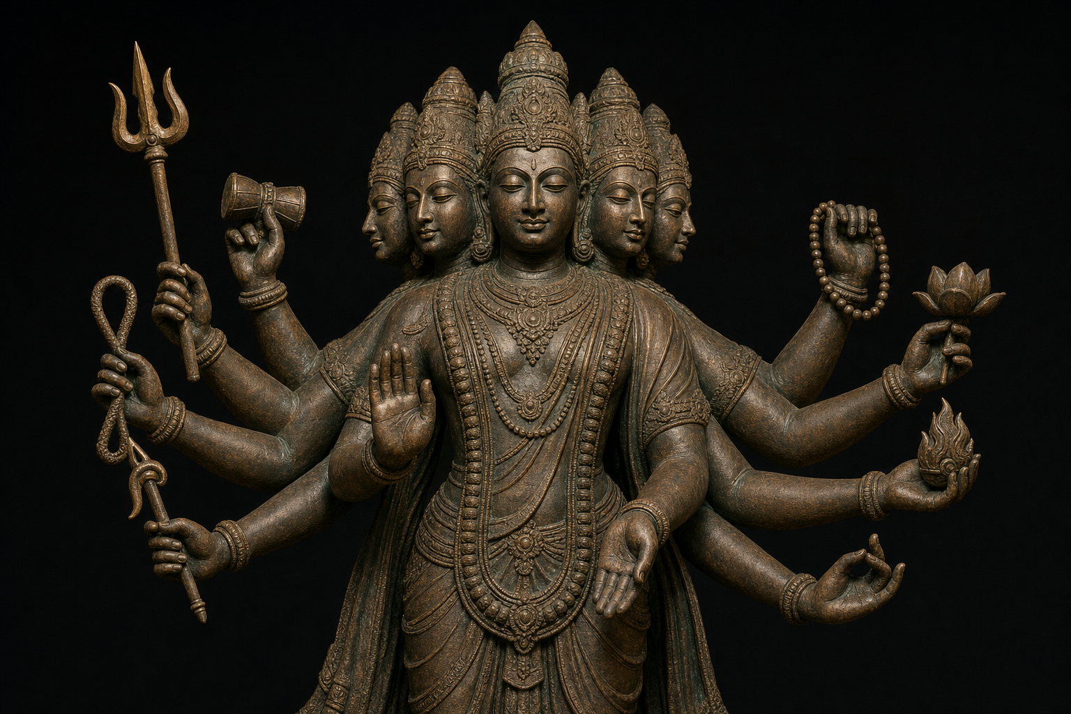 Ten arms extend from a bronze Sadashiva figure, with hands holding Shaiva attributes and forming several ritual gestures.