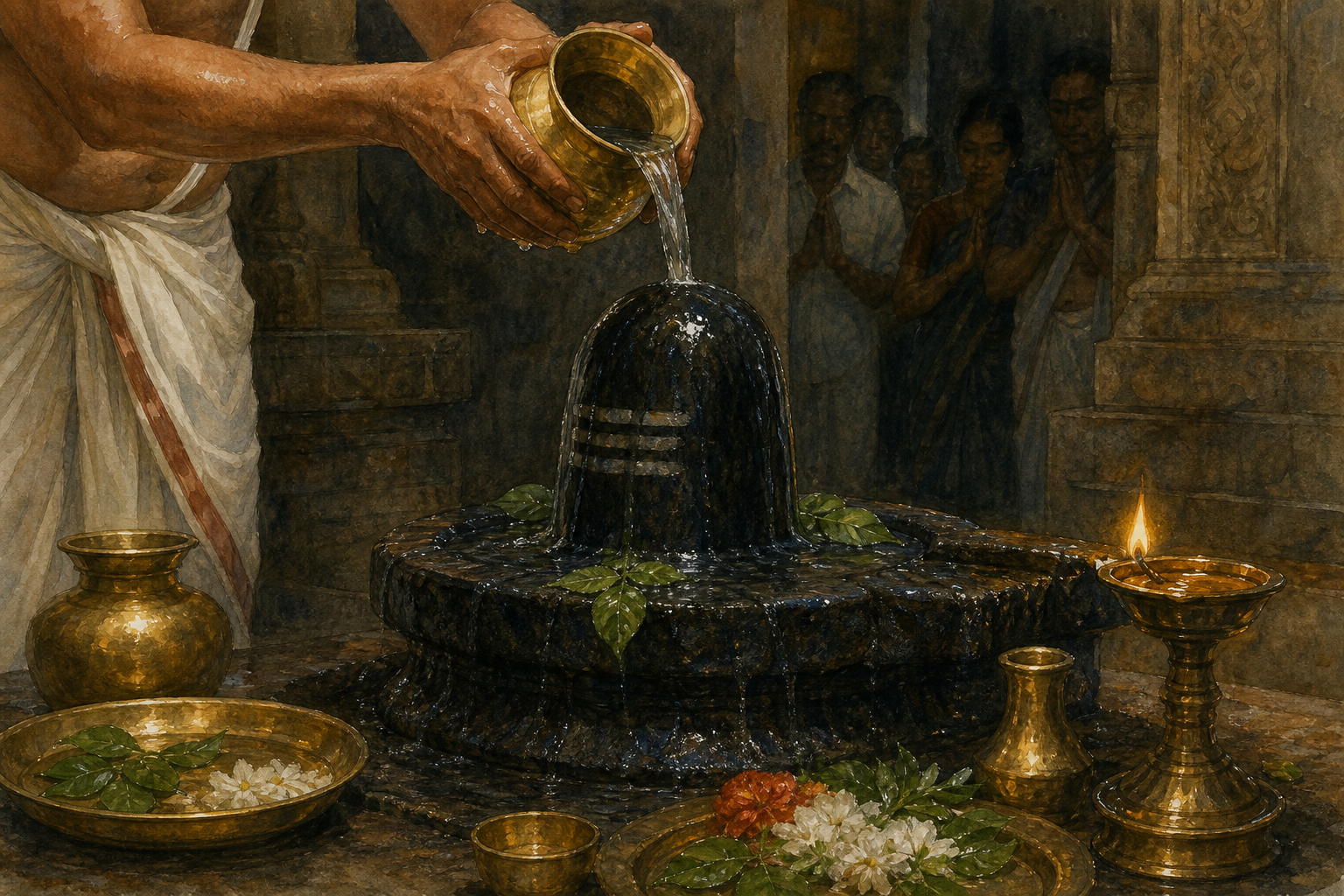 A priest pours water from a brass vessel over a Shiva lingam during abhishekam as devotees stand quietly inside a stone shrine.