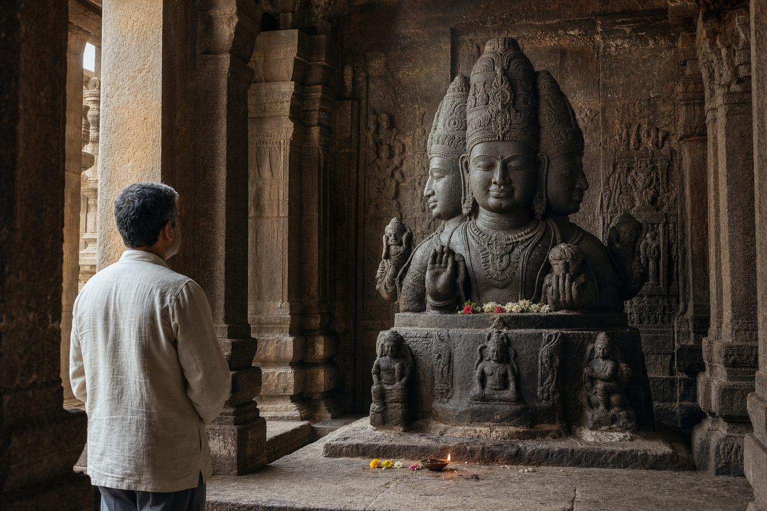 A visitor quietly observes a multi-faced Sadashiva sculpture inside a stone temple shrine lit by daylight and an oil lamp.