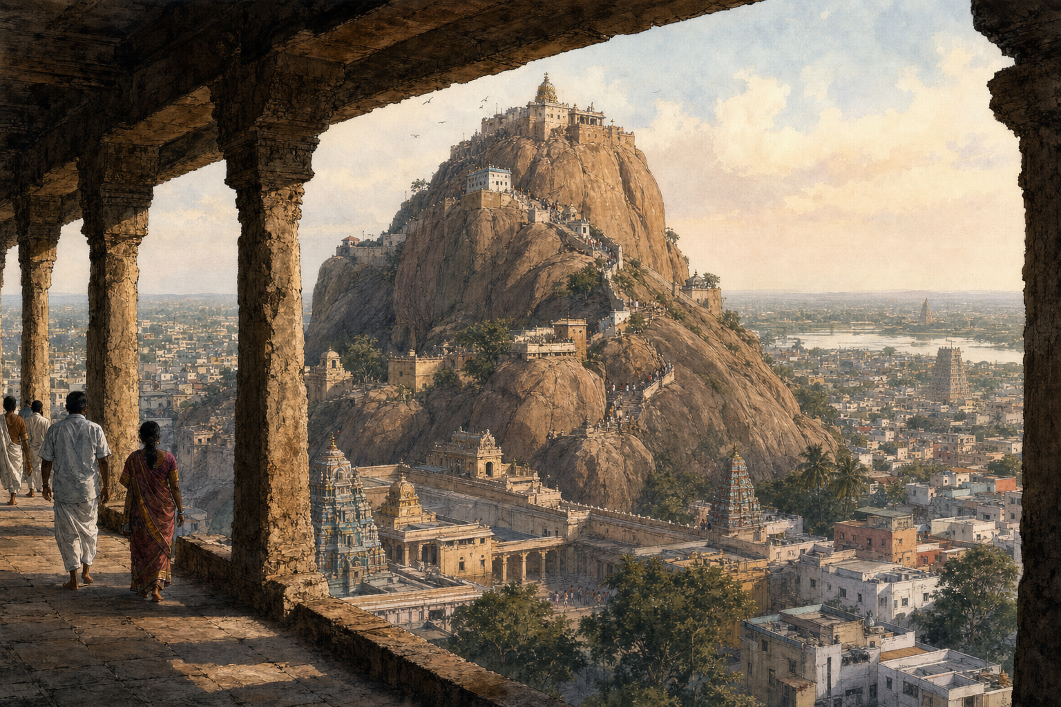 A rock-cut pillared passage frames pilgrims, the granite Rockfort hill, its temples, the surrounding city, and the hazy Kaveri plain.