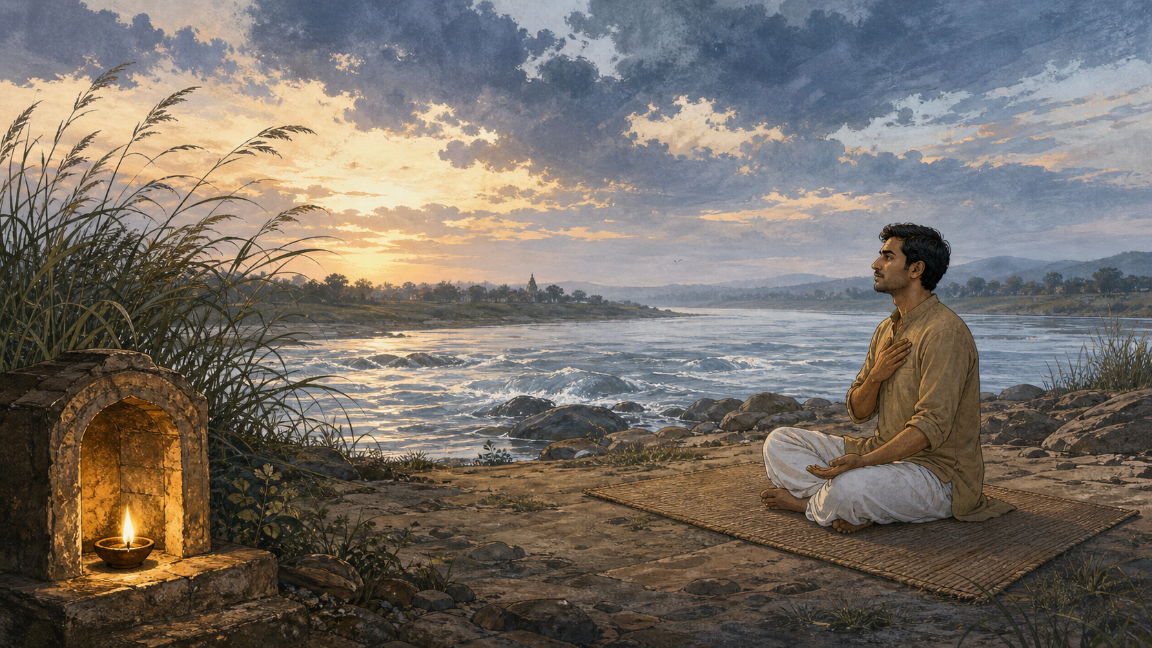 A person sits calmly beside a flowing river at dawn, with a sheltered oil lamp nearby and wind moving the surrounding grasses.