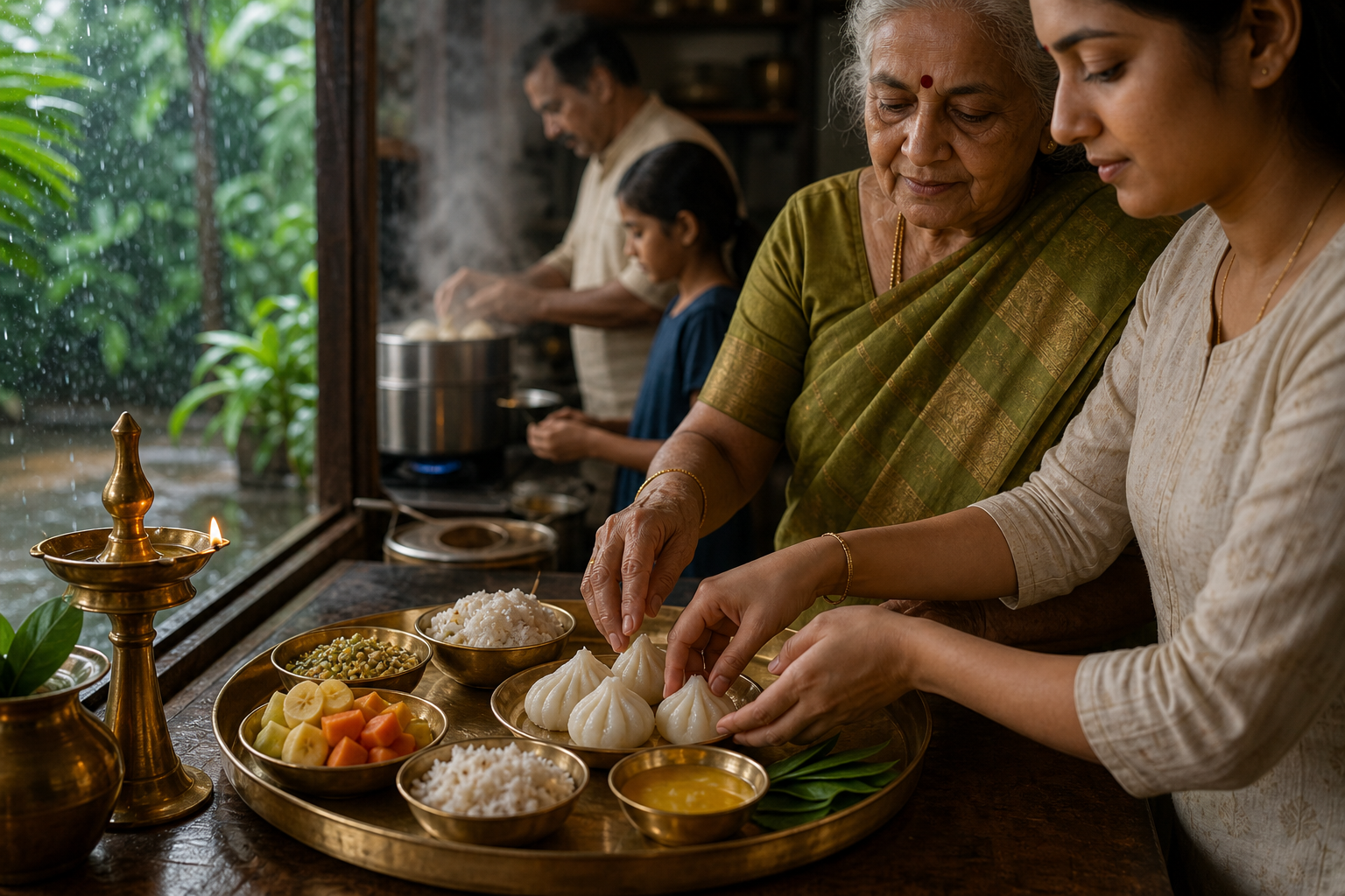 A multigenerational family arranges steamed foods, fruit, coconut and sacred leaves on a brass offering plate while monsoon rain falls outside the kitchen.