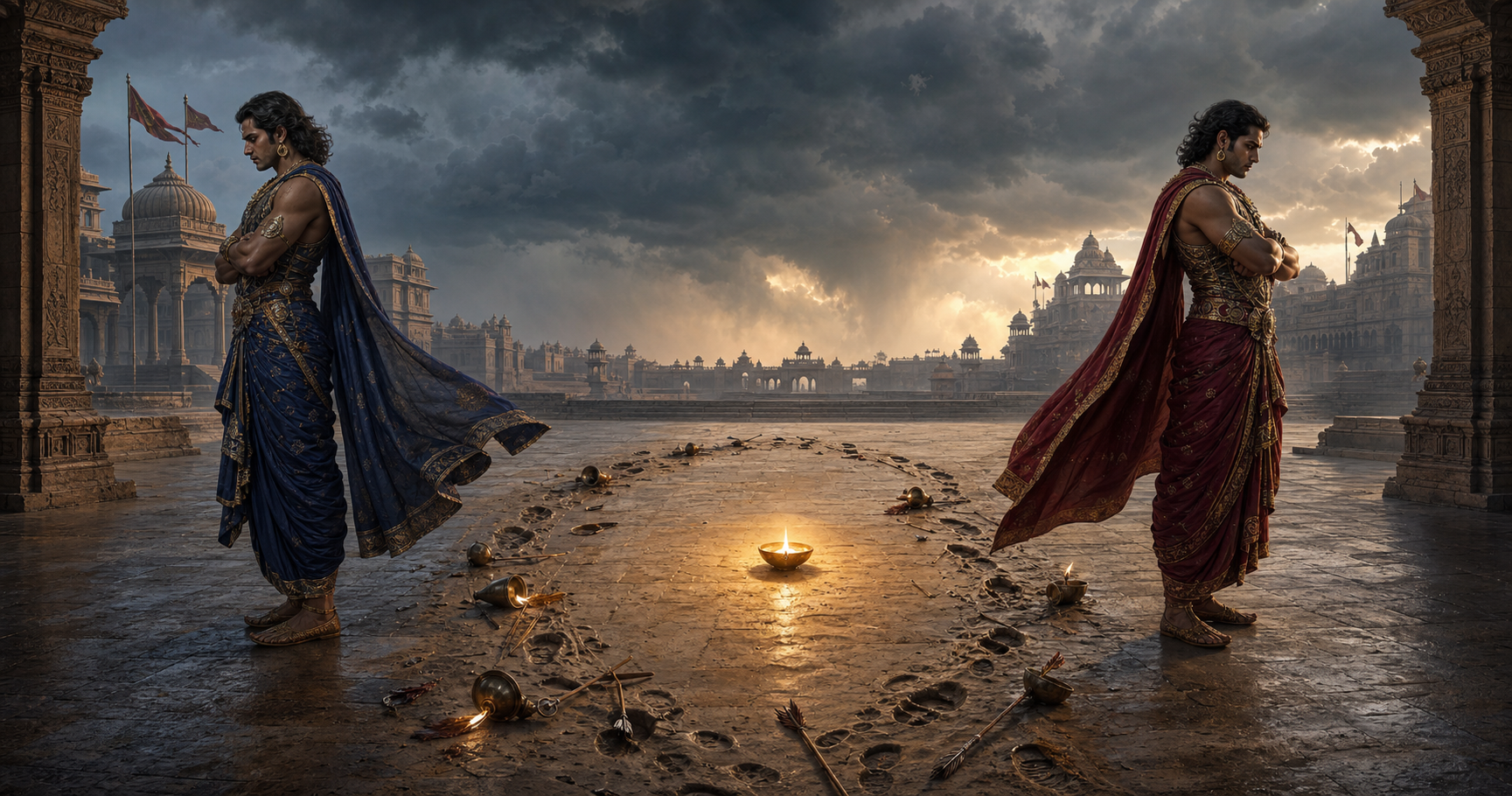 Two rival royal warriors face each other across a palace courtyard where footprints, broken arrows, and overturned lamps form a circle around one burning lamp.