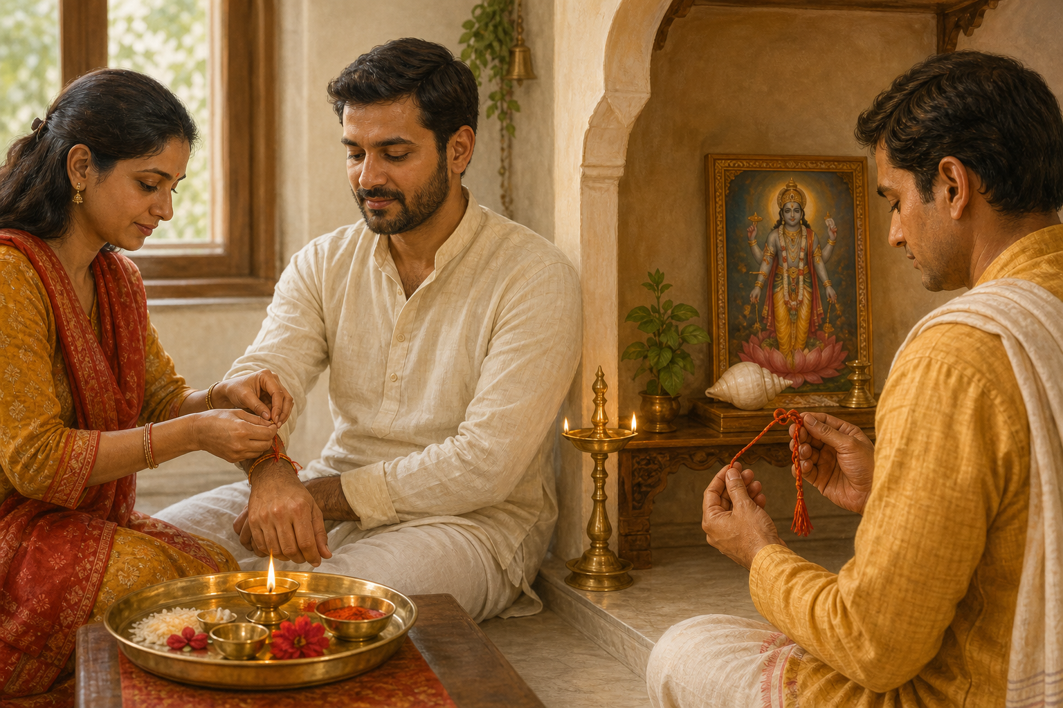 A sister ties a sacred thread on her brother's wrist while another devotee prays with a knotted cord before a Vishnu-centered home altar.