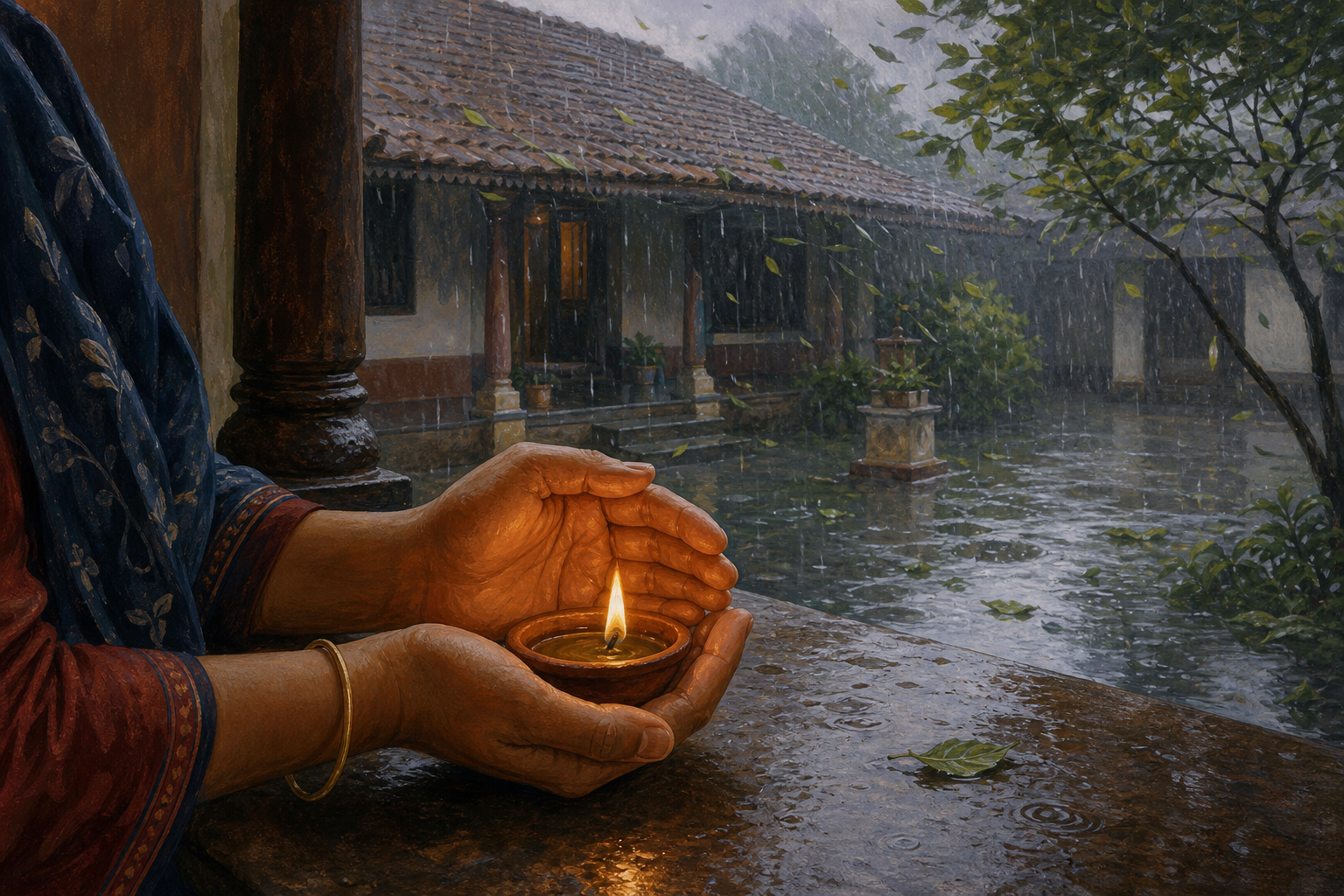 A person shelters a small clay lamp under a veranda while monsoon rain and wind move through the open courtyard.