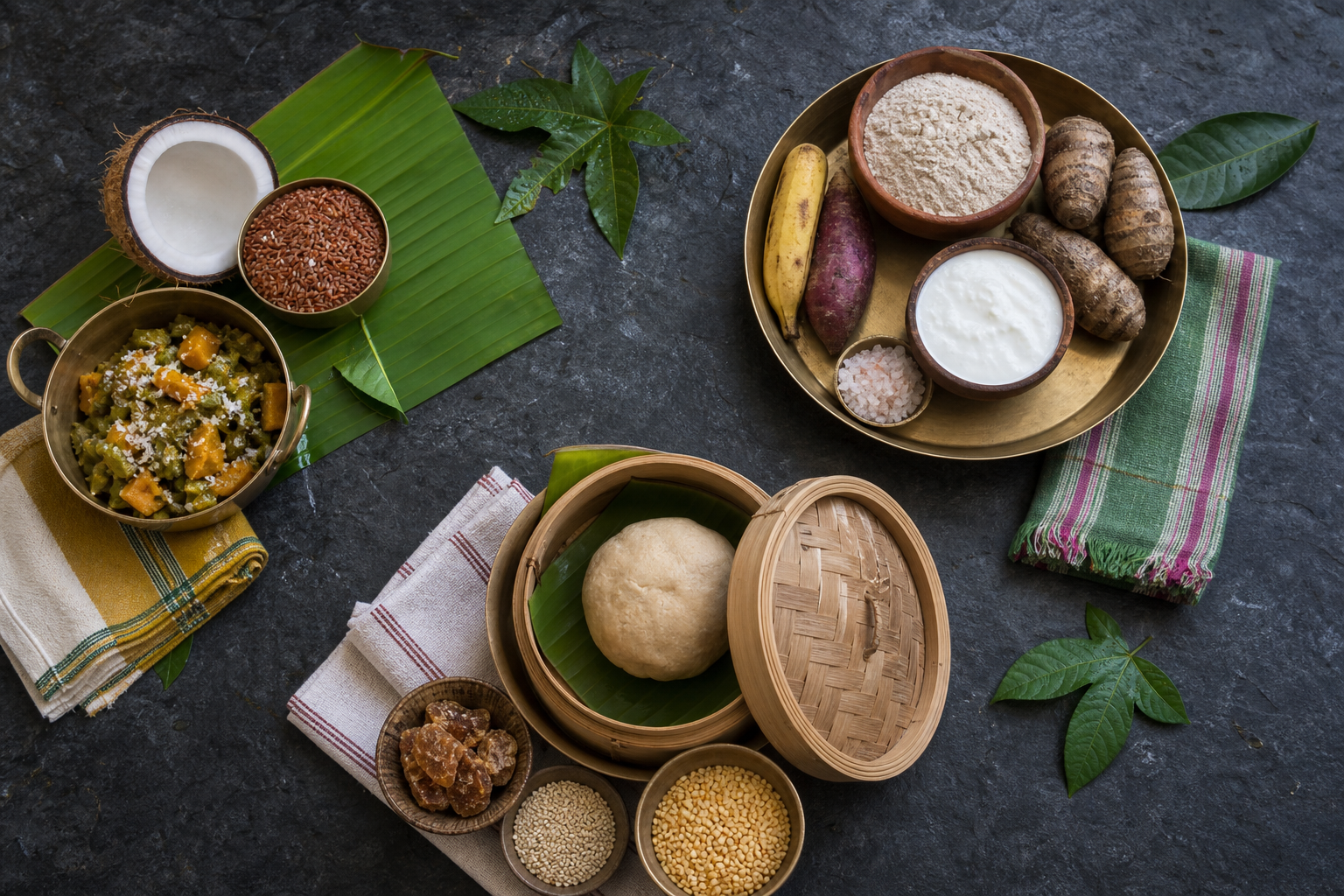 Three separate ingredient stations show distinct regional and household approaches to monsoon-festival cooking, including fasting foods, grains, coconut, jaggery and seasonal produce.
