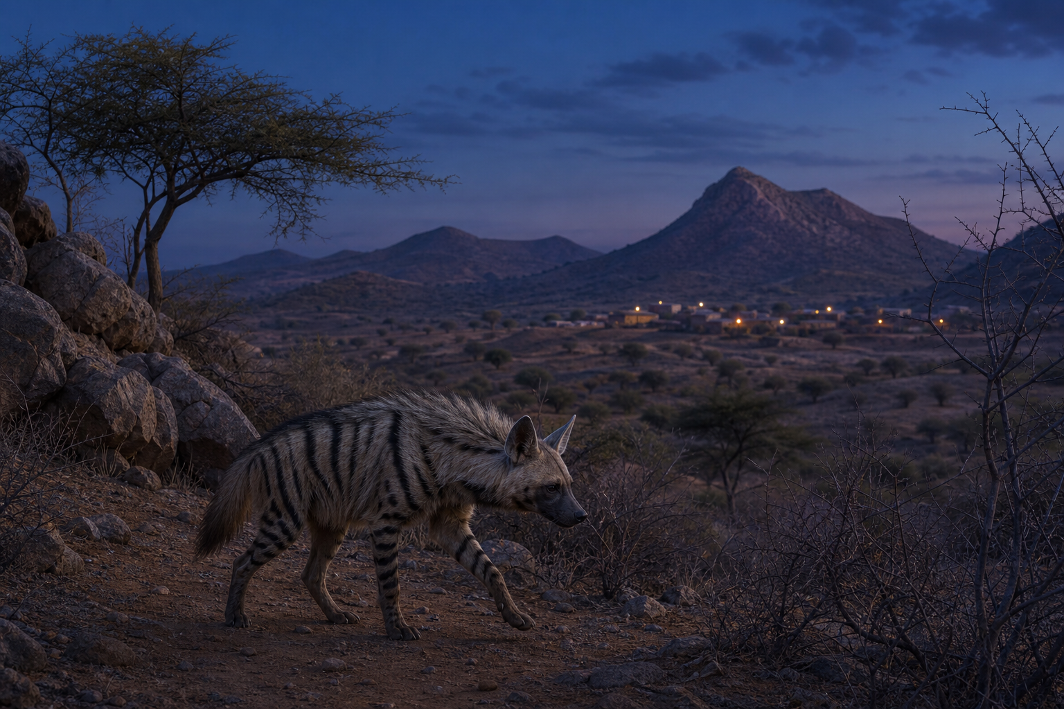A striped hyena walks through thorn scrub in a twilight Rajasthani landscape with low hills and distant village lights.