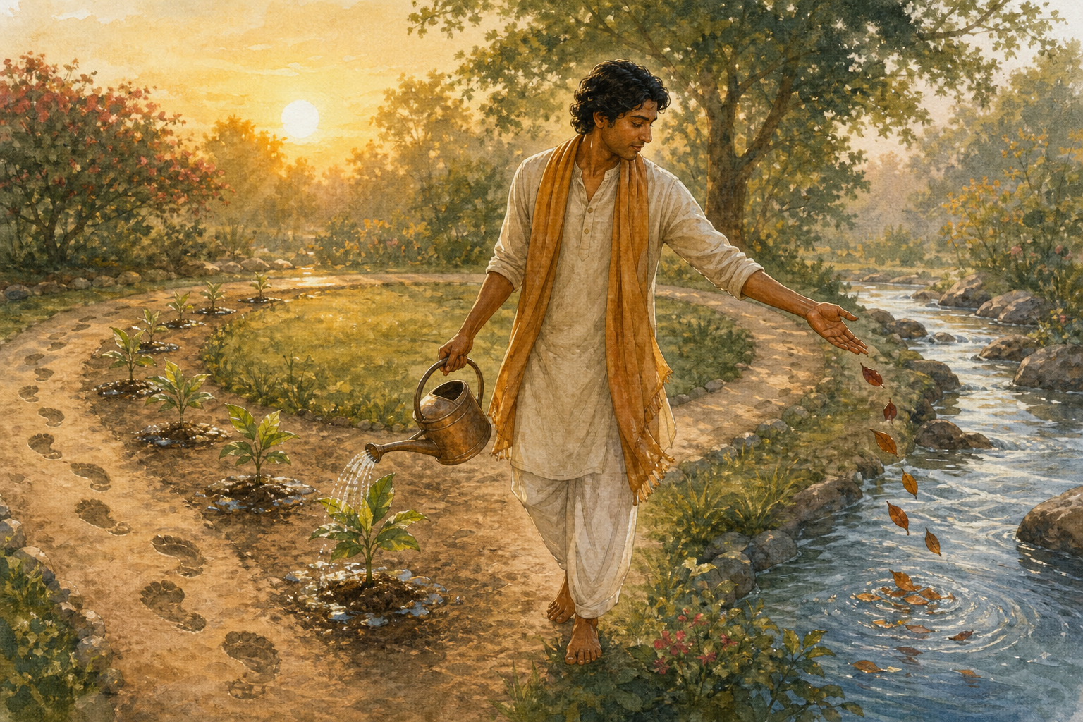A practitioner tends saplings beside a circular garden path while releasing dry leaves from an open hand into a stream.