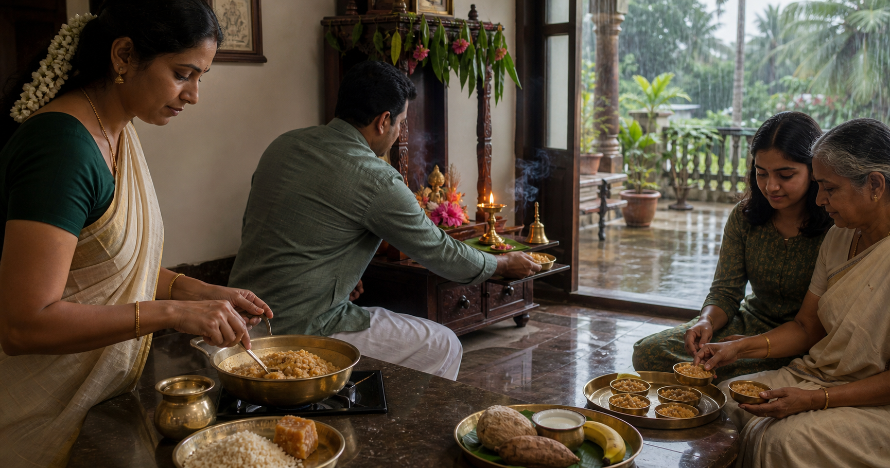 A sacred preparation moves from the cooking pot to a home shrine and then into small bowls for sharing, with a separate fasting plate nearby.