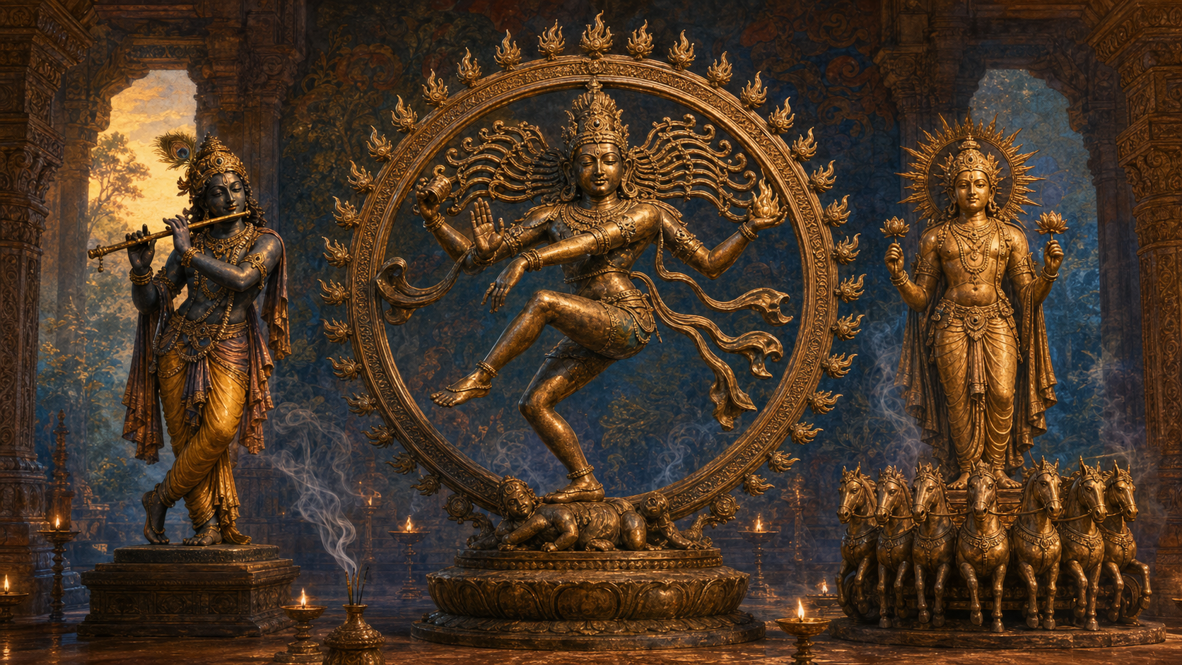 Shiva dances within a ring of flames between a flute-playing Krishna and an upright Surya in a softly lit pillared mandapa.