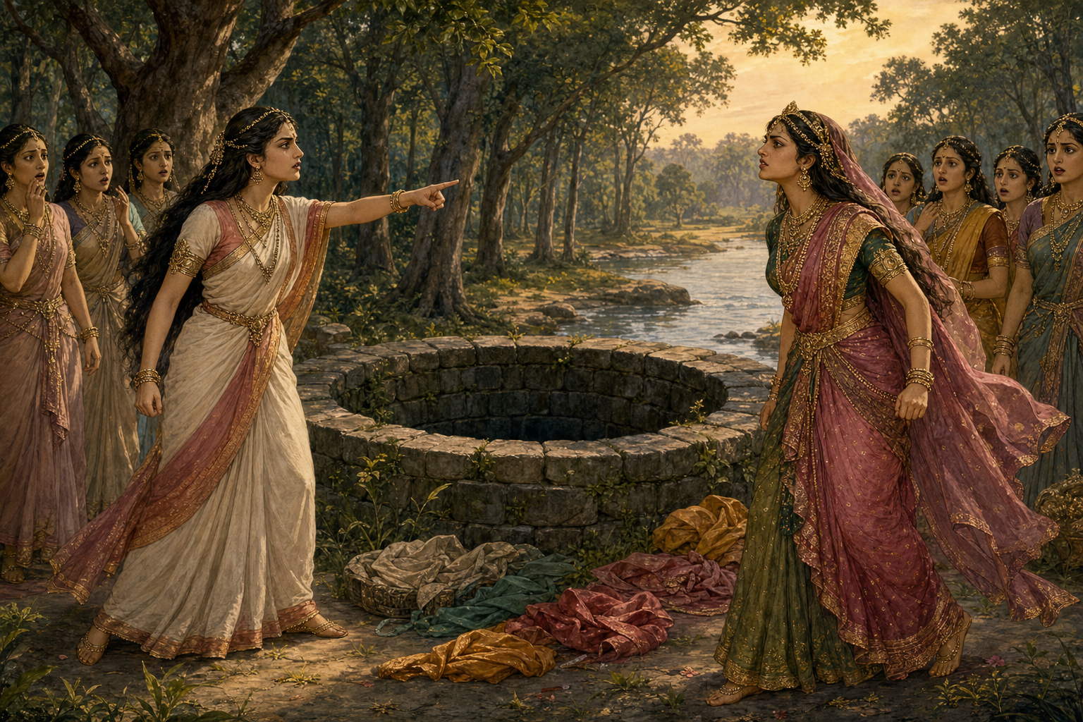 Devayani and Sharmishtha confront each other beside a stone well as attendants watch and garments lie near the wooded riverbank.