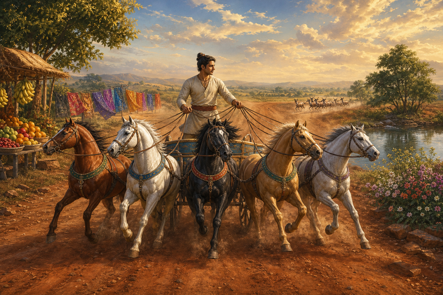 A calm charioteer guides five distracted horses back toward the center of a rural road.