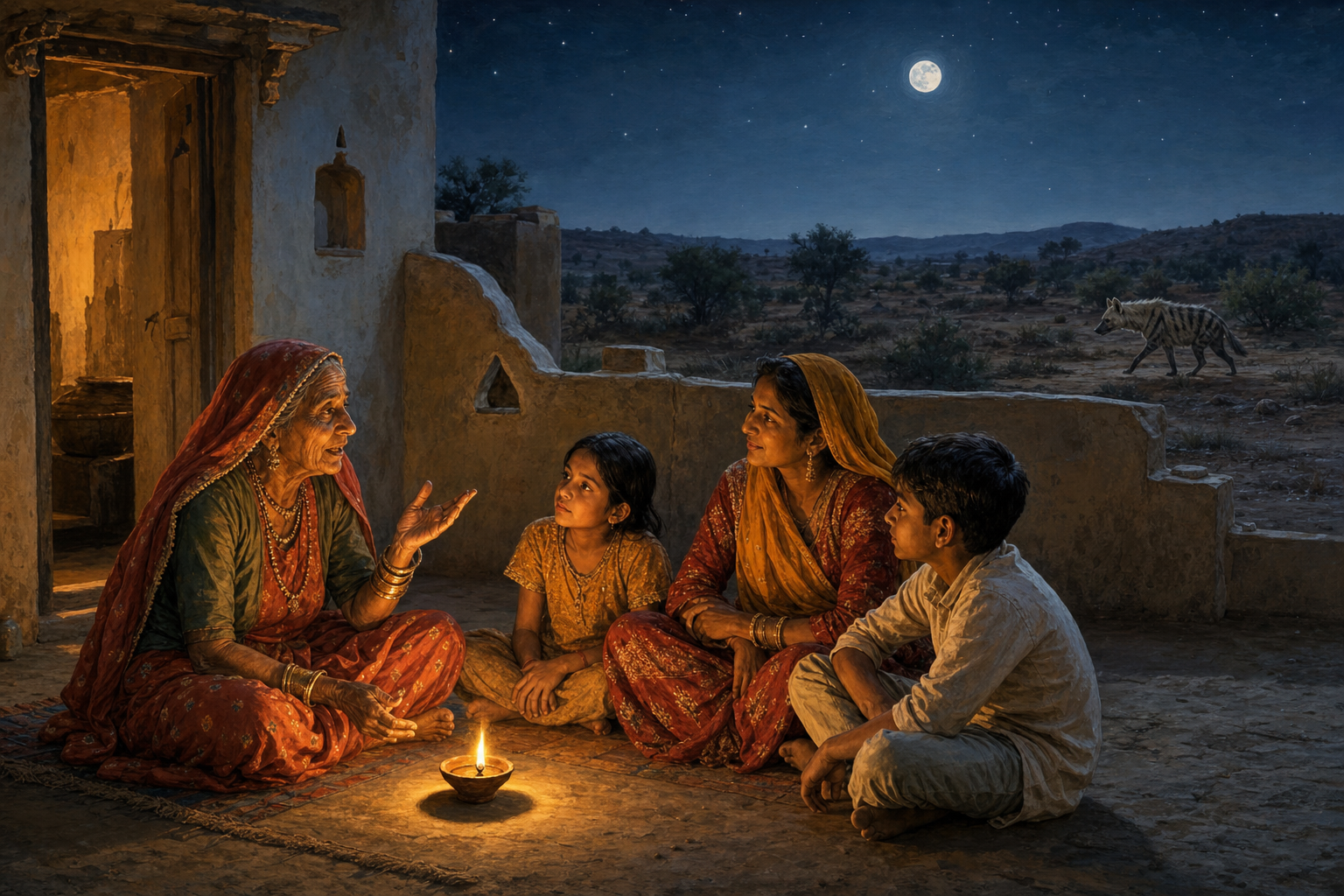 A Rajasthani family listens to an older woman telling a story in a lamplit courtyard while a striped hyena crosses the distant scrub.