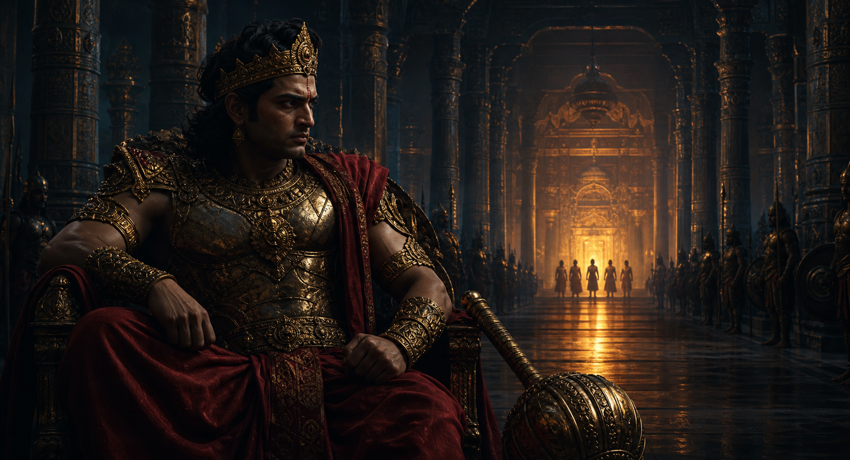 Duryodhana sits alone with a ceremonial mace in a vast pillared hall while five distant royal figures stand together in the light.