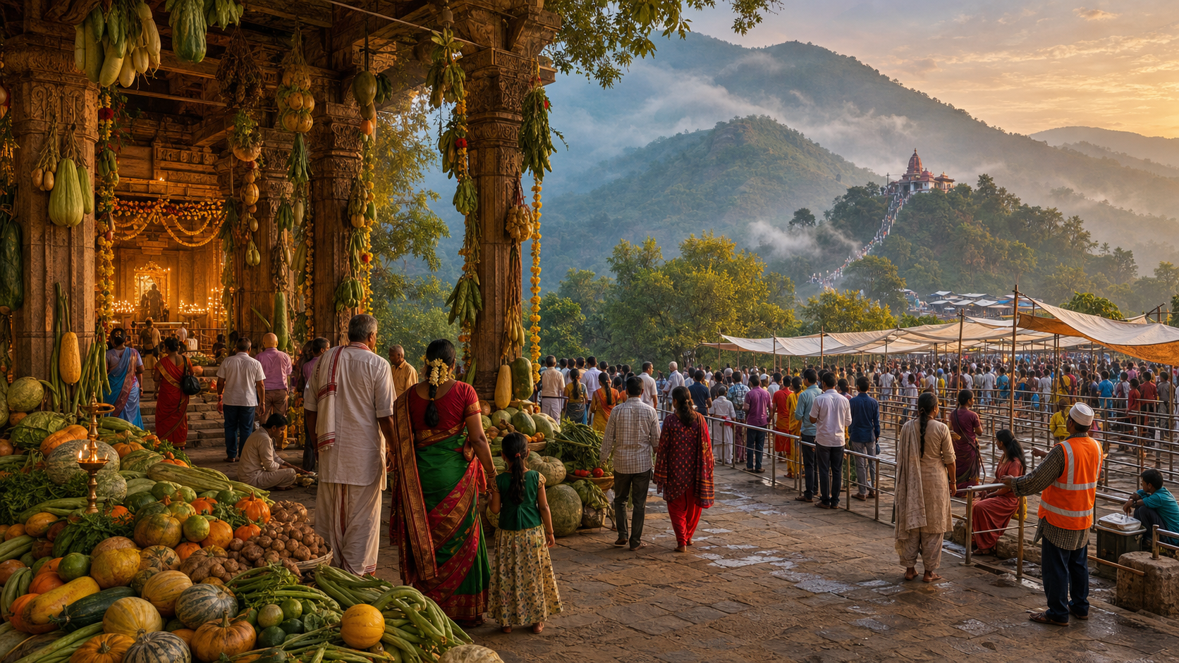 A vegetable-adorned temple in Warangal transitions into an organized Navaratri pilgrimage gathering beneath the Shivalik foothills.