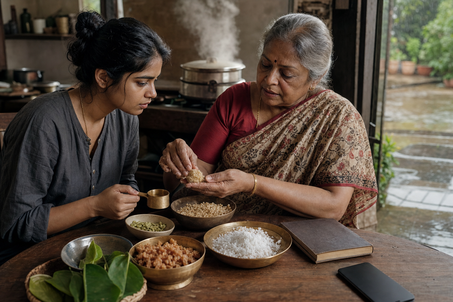 An elder demonstrates the texture of a family festival preparation while a younger cook measures grain, coconut, jaggery and spices beside them.