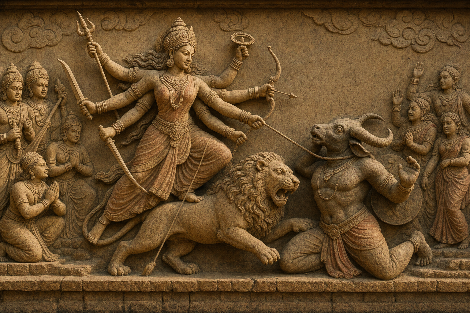 A sandstone-style relief shows eight-armed Durga and her lion advancing toward the buffalo demon in a unified diagonal composition.