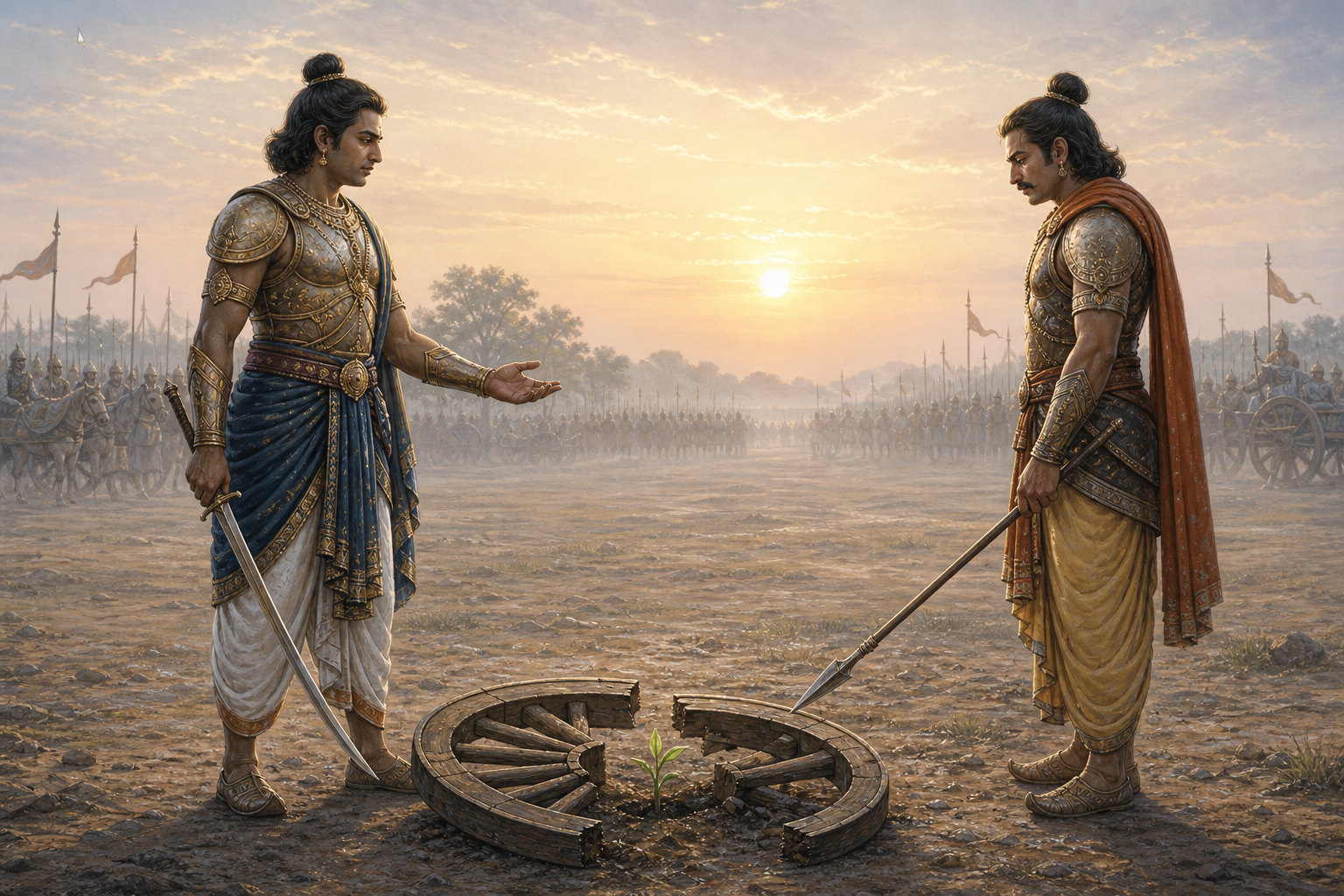Two warriors lower their weapons on a misty battlefield as a green shoot grows through a broken chariot wheel between them.