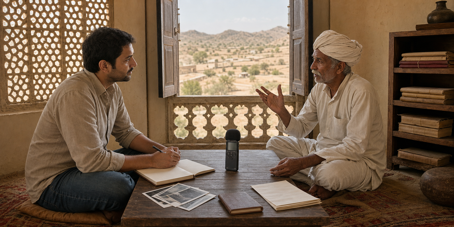 A researcher records a conversation with a local storyteller at a low table in a Rajasthani study room.