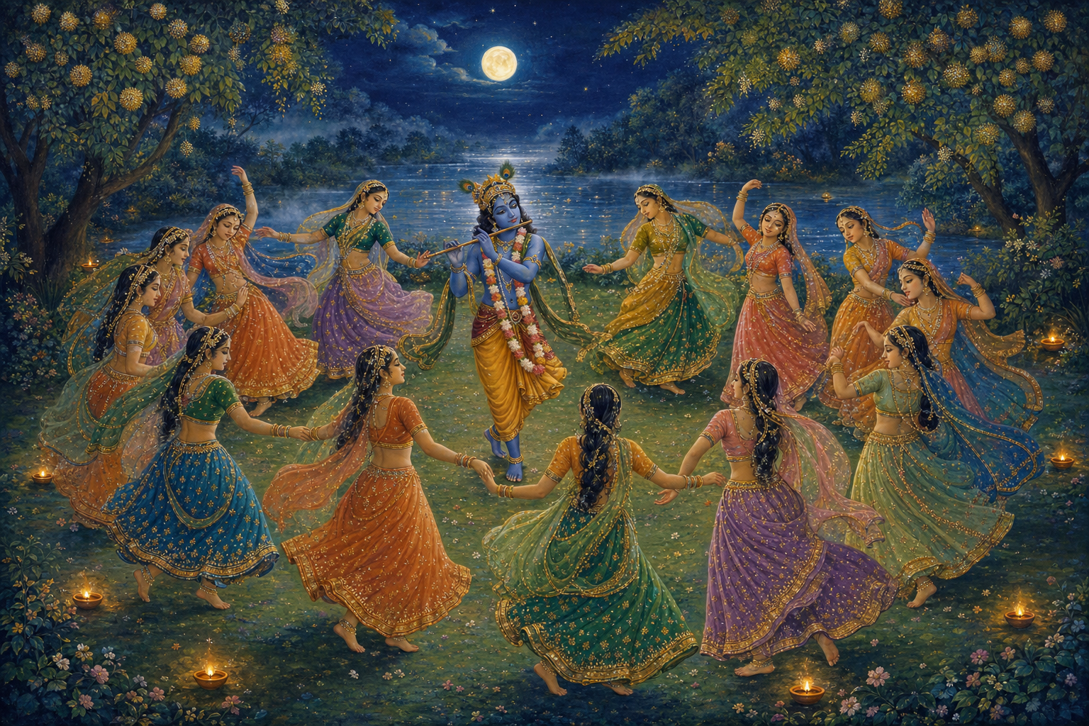 Krishna plays the flute as gopis turn toward one another in a circular dance beneath flowering trees and a moonlit sky.