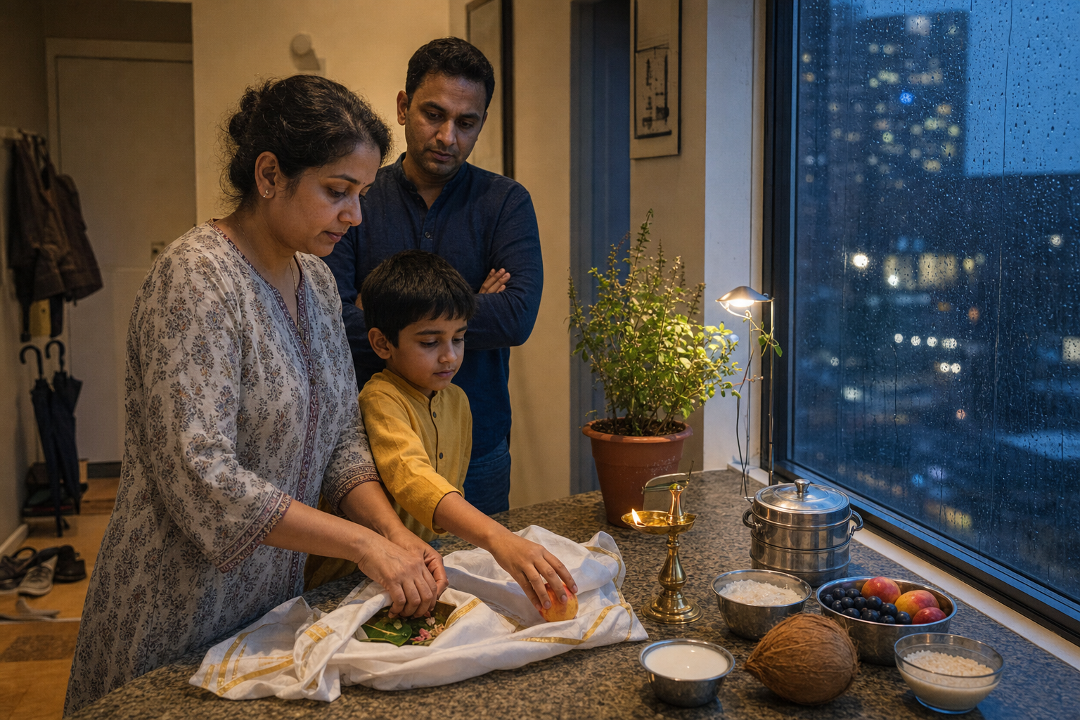 A family in a rainy city apartment prepares a modest festival offering with rice flour, coconut, milk, local fruit and sacred leaves.