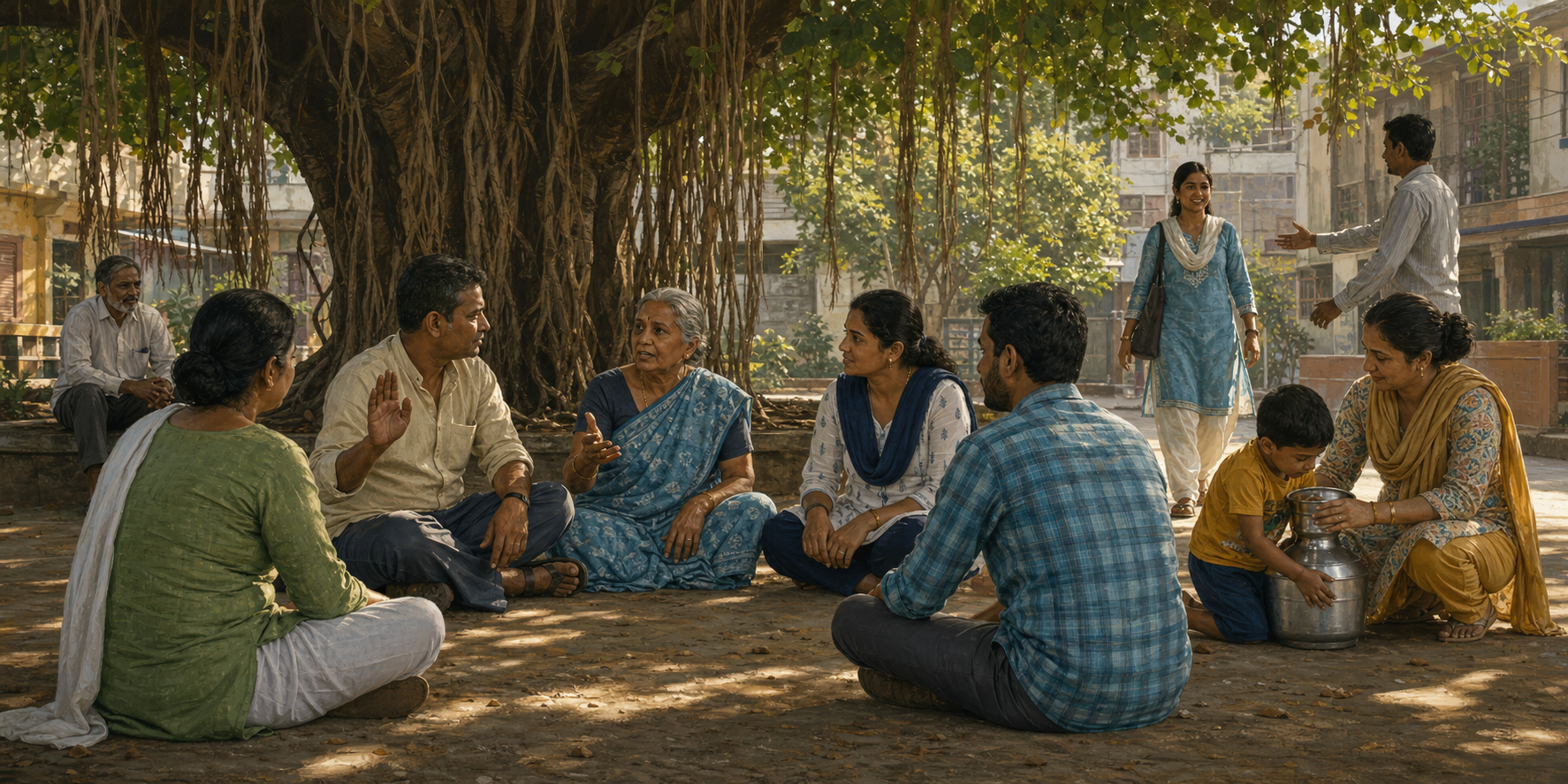 Neighbors gather beneath a banyan tree as one person pauses to listen while others help a child with a water vessel.