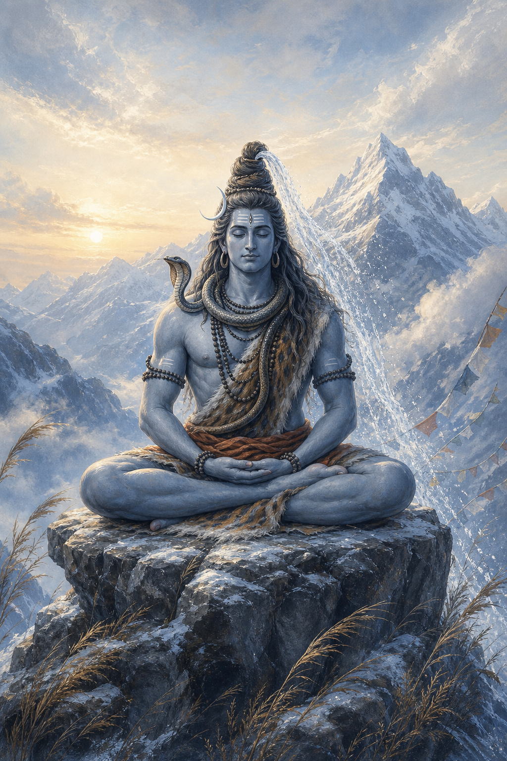 Shiva sits motionless in meditation on a Himalayan rock while water, clouds, grasses and cloth move around the figure.
