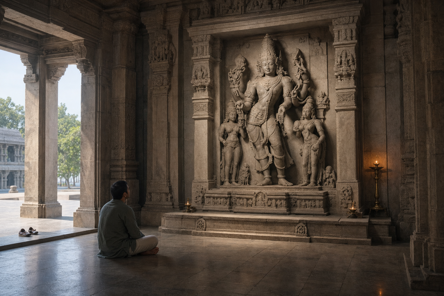 A seated visitor quietly observes the full posture, gestures and surrounding figures of a stone murti in a softly lit temple hall.