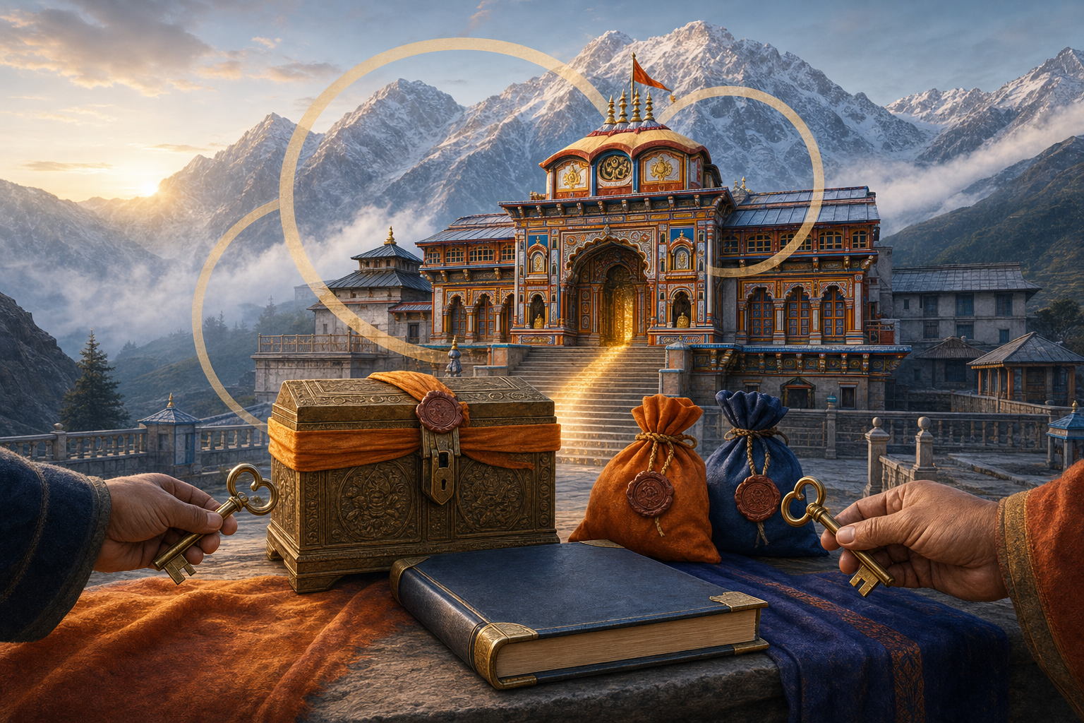 Editorial illustration of Badrinath Temple beneath snowy Himalayan peaks, with a sealed offering chest, cloth pouches, a blank ledger and two separately held keys in the foreground.