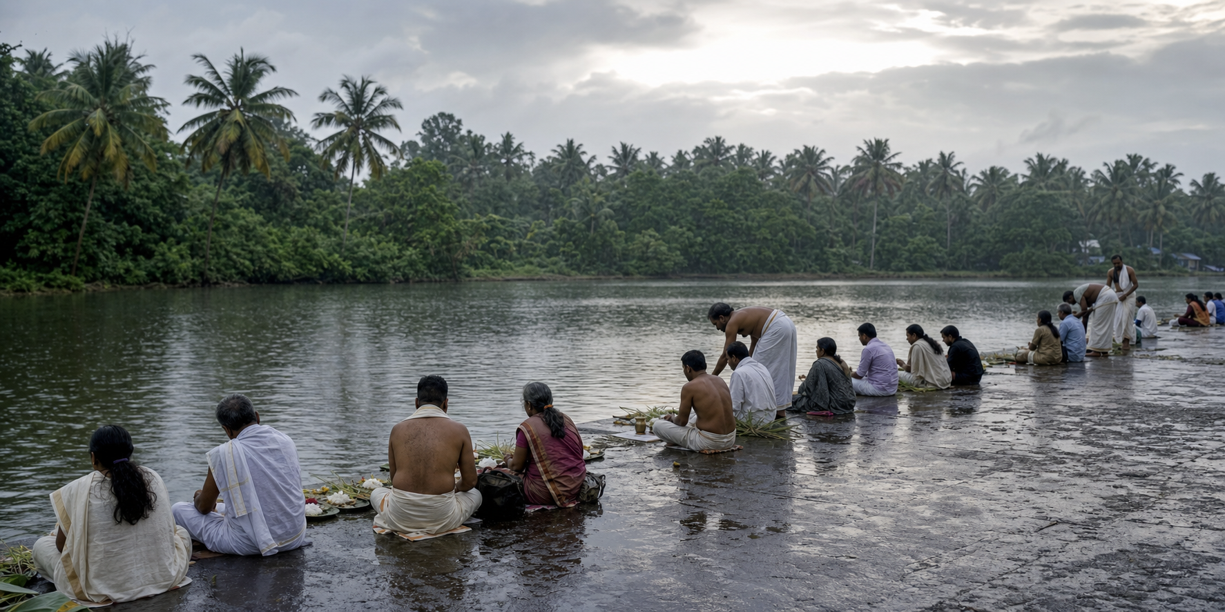 Families perform ancestor offerings beside a Kerala river at dawn, with ritual materials arranged on leaf plates near the water.