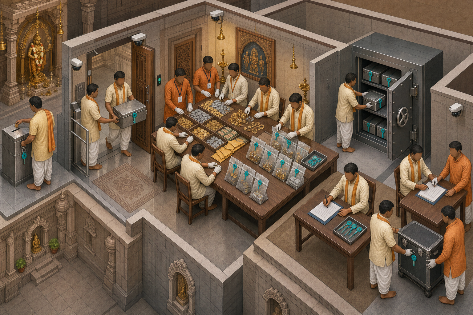 Isometric illustration showing temple offerings moving through a locked receptacle, paired custody, supervised counting, sealed storage and a secure handoff.