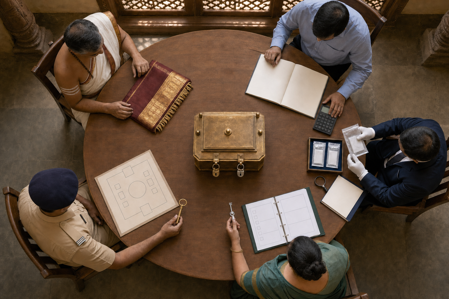 Overhead illustration of five temple oversight participants seated at separate work areas around a locked offering container controlled by two different keys.