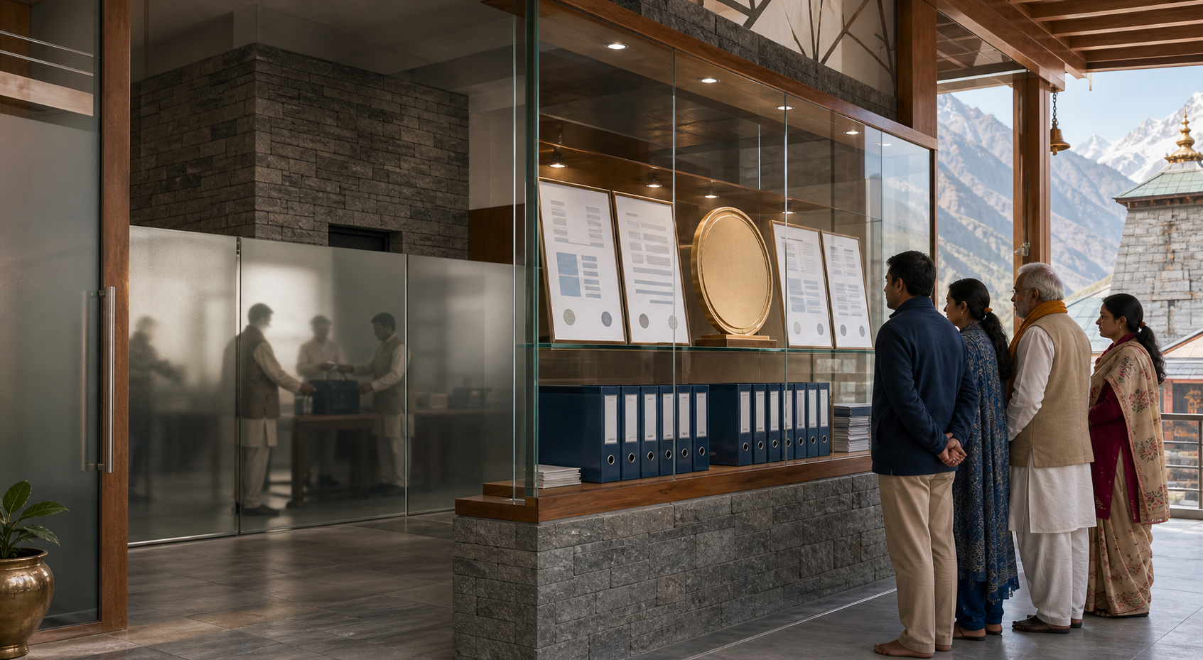 Illustration of devotees viewing audit materials through clear glass while frosted partitions conceal vault controls and other sensitive security details behind supervised staff.