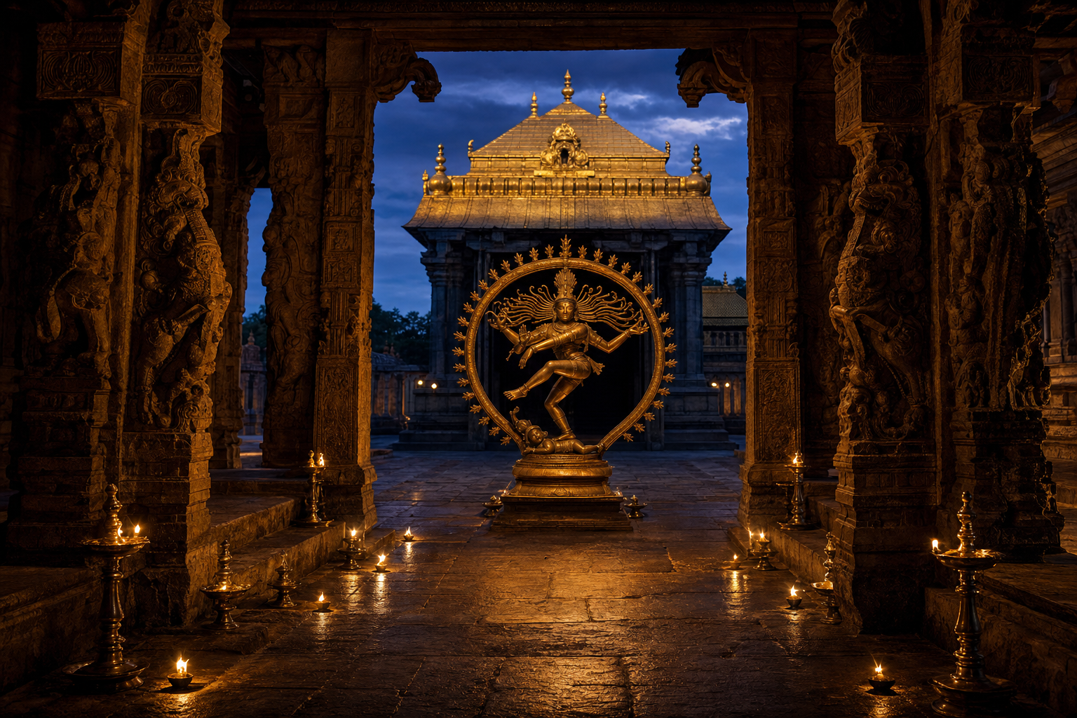 Bronze Nataraja illuminated by oil lamps inside a stone-pillared hall at Chidambaram Temple, with the gold-roofed shrine and a dark open threshold beyond.