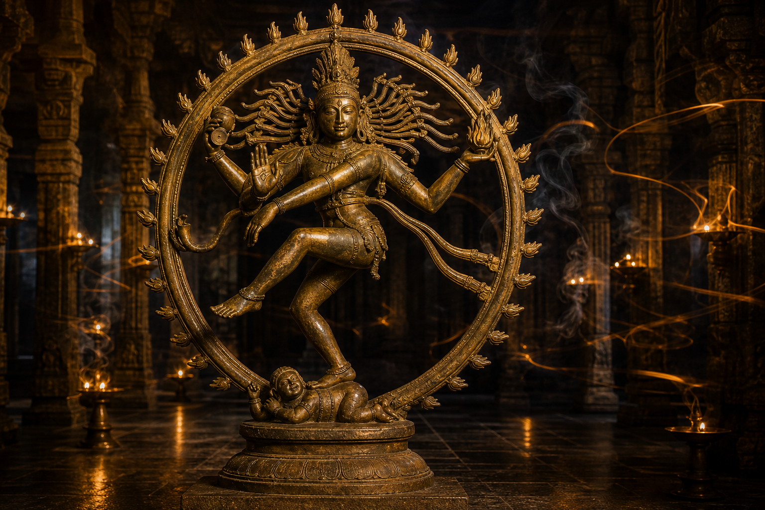 A bronze Nataraja dancing within a ring of flames, holding a drum and fire while raising one foot above a small dwarf figure.