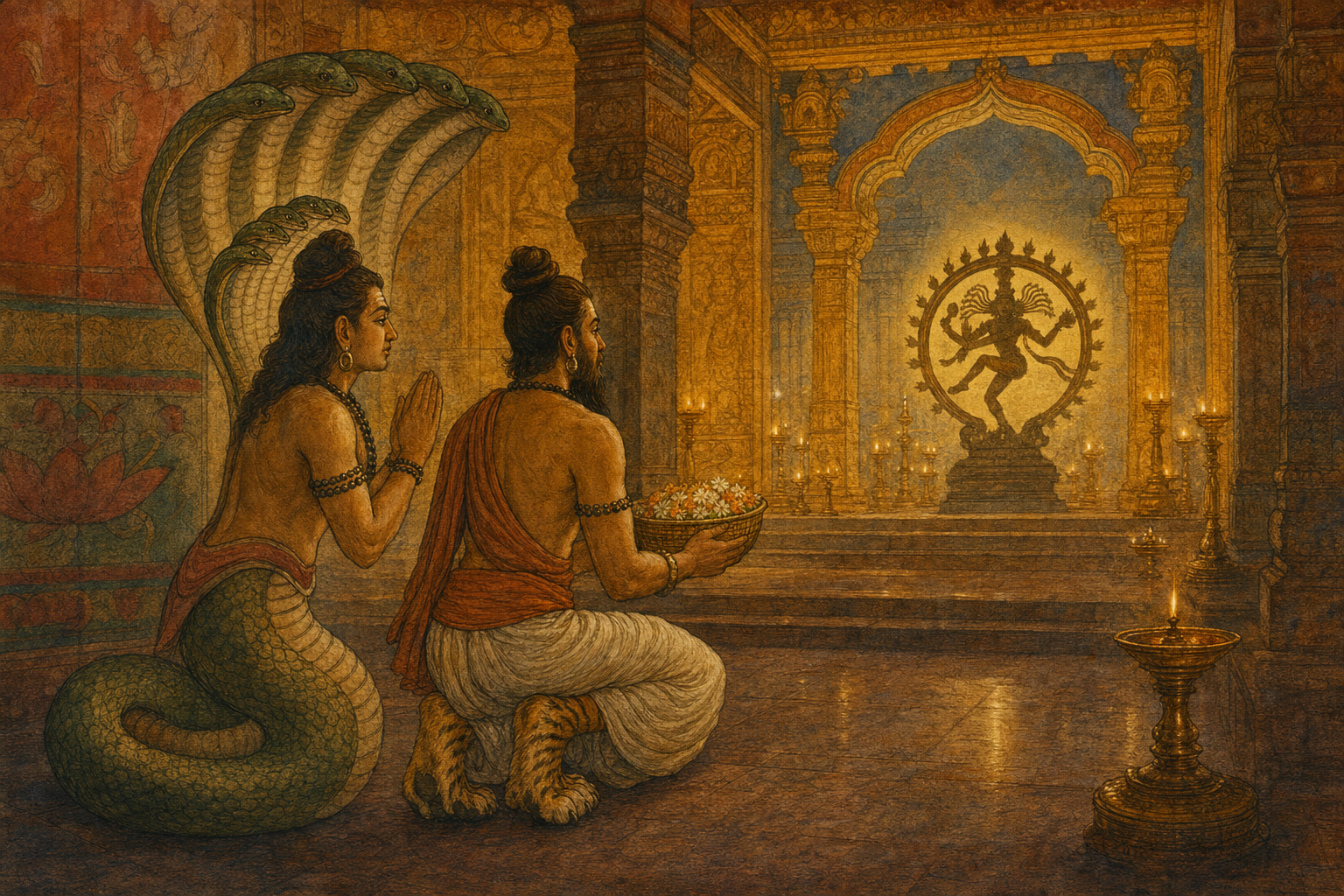Patanjali with a coiled serpent body and Vyaghrapada with tiger-like feet kneel with flowers before a distant dancing Nataraja.
