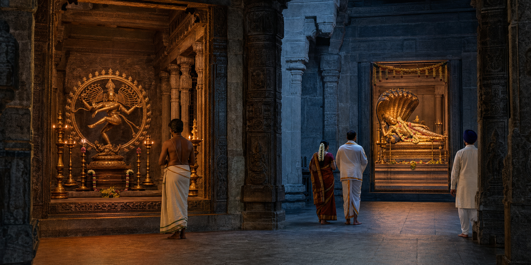 A pillared temple interior frames a bronze Nataraja in one shrine and the reclining Govindaraja Perumal on the serpent Adishesha in another.