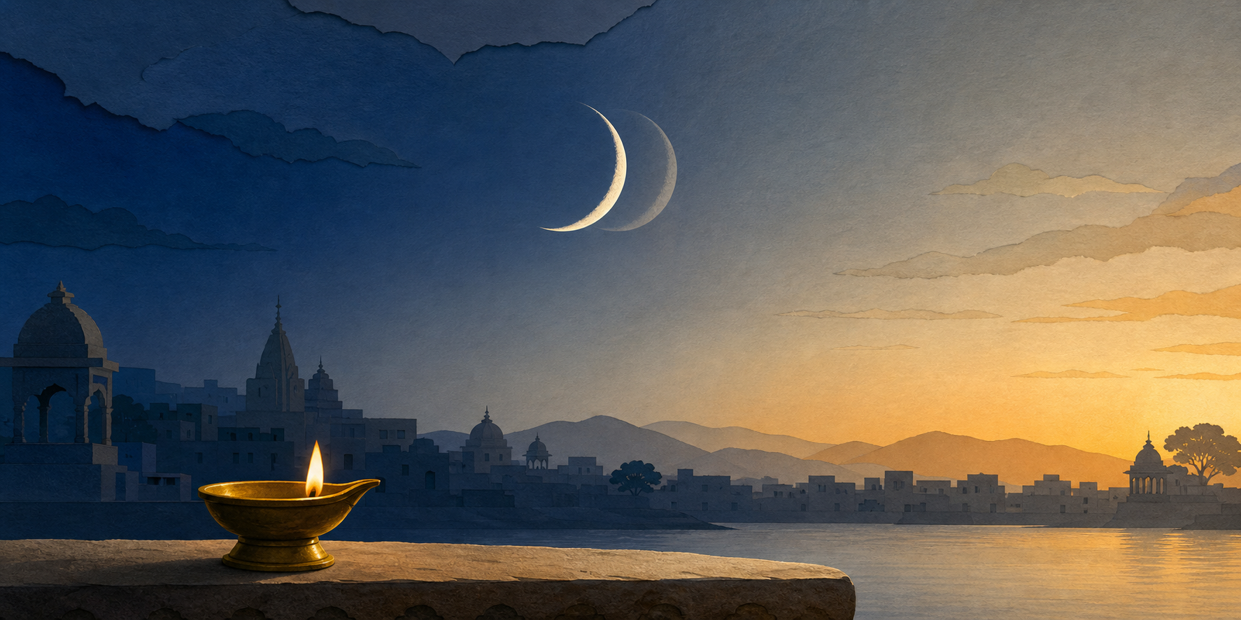 An illustrated predawn sky transitioning from indigo night to golden dawn beneath two nearby waxing crescent moon positions.