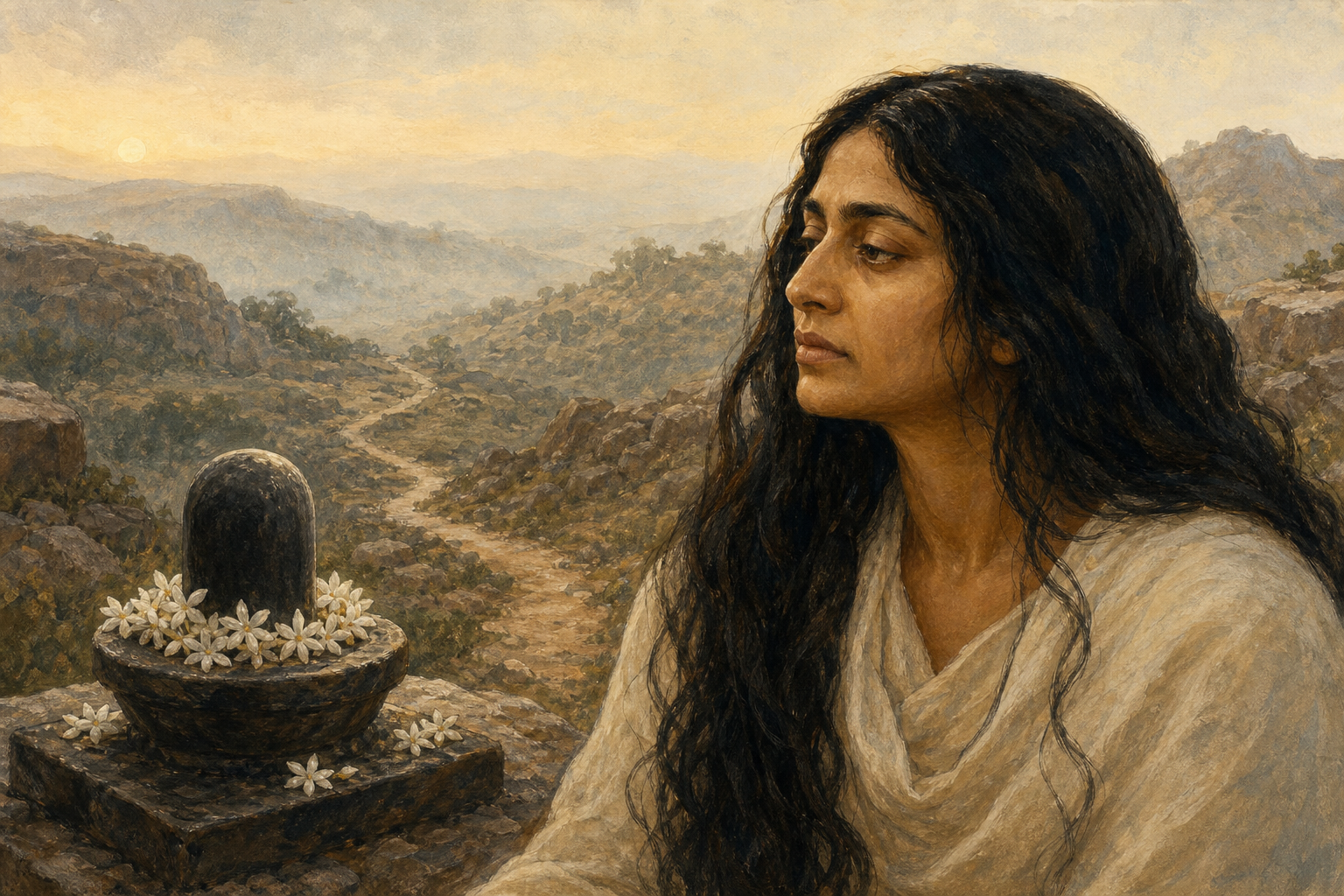 Contemplative poet-saint with long dark hair beside a jasmine-adorned stone Shiva linga in a rocky Karnataka landscape at dawn.